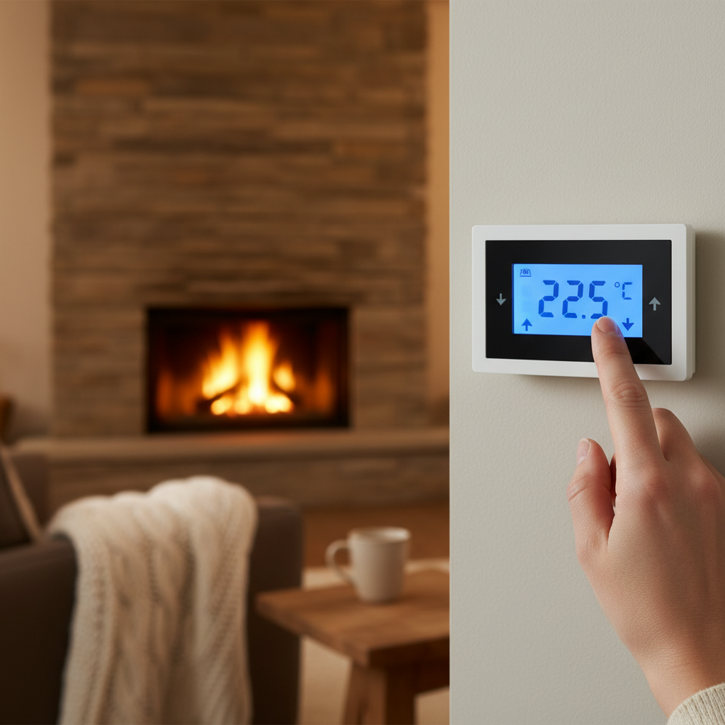 Zbliżenie na dłoń osoby regulującej temperaturę na nowoczesnym, cyfrowym termostacie ściennym. W tle widać przytulne, ciepło oświetlone wnętrze z kominkiem, co podkreśla komfort i kontrolę nad domowym ciepłem.