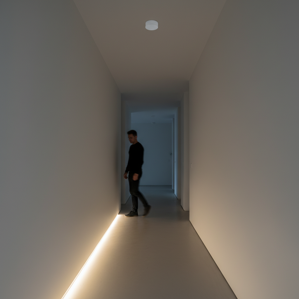 Elegancki, nowoczesny korytarz w domu, gdzie na suficie dyskretnie zamontowany jest czujnik ruchu. Światła LED wzdłuż podłogi lub sufitu włączają się, gdy osoba wchodzi do pomieszczenia, tworząc bezpieczną i dobrze oświetloną ścieżkę.