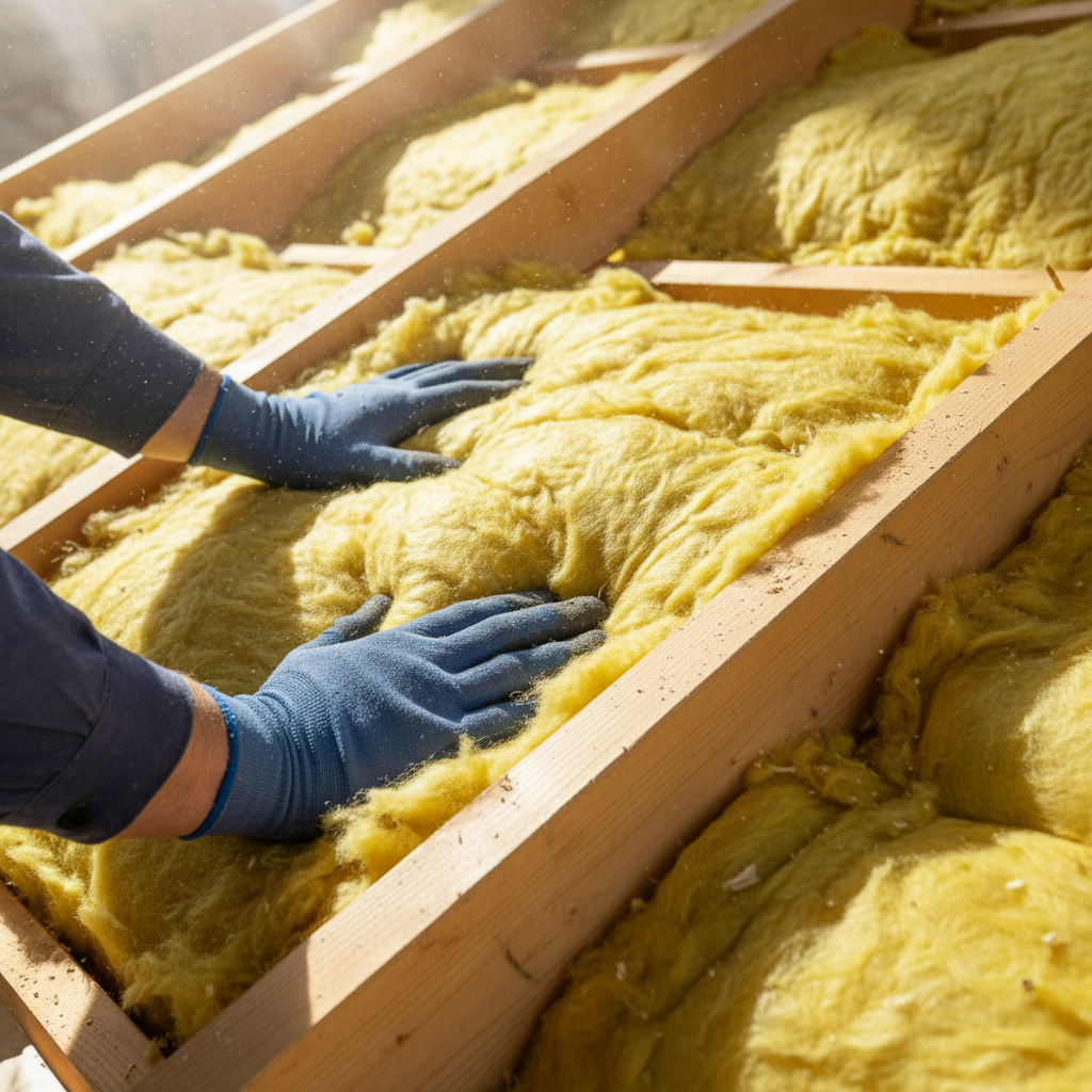 Zbliżenie na dłonie pracownika w rękawicach roboczych, który starannie dociska i układa matę z żółtej wełny mineralnej pomiędzy drewnianymi krokwiami dachu. Światło padające z góry podkreśla fakturę wełny i precyzję wykonania pracy.