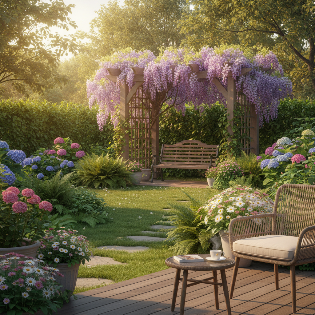 Szerokie, słoneczne ujęcie pięknie zaaranżowanego ogrodu. Na pierwszym planie widać fragment drewnianego tarasu z wygodnym fotelem i stolikiem kawowym. W tle, w głębi ogrodu, stoi drewniana pergola porośnięta kwitnącą wisterią, a pod nią widać ławkę. Całość otoczona jest bujną, zadbaną zielenią i kolorowymi kwiatami, co tworzy sielską i relaksującą atmosferę.