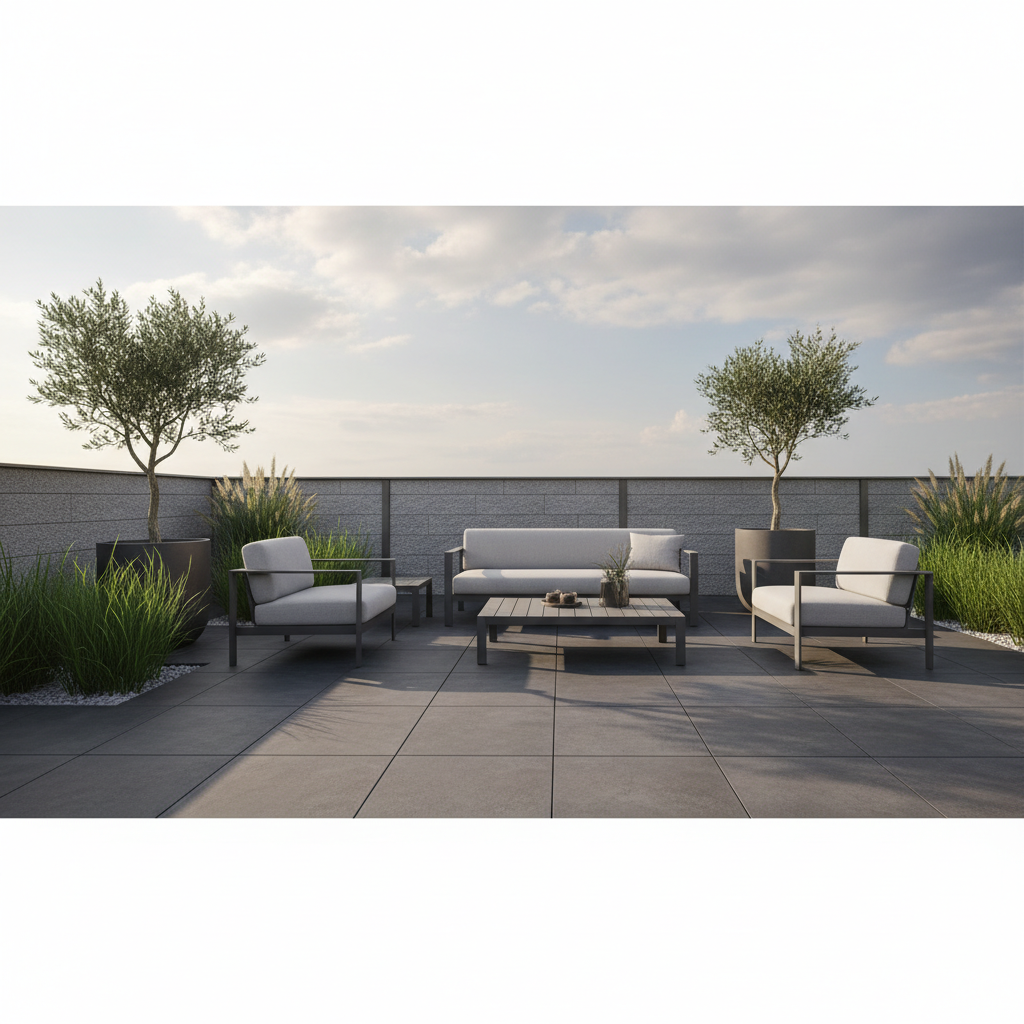 Szeroki kadr przedstawiający nowoczesny taras wyłożony dużymi, grafitowymi płytami z systemu Maxima. W tle, jako ogrodzenie tarasu, widoczny jest niski murek z popielatego ogrodzenia strukturalnego Libet. Całość tworzy spójną i elegancką przestrzeń wypoczynkową z minimalistycznymi meblami ogrodowymi.