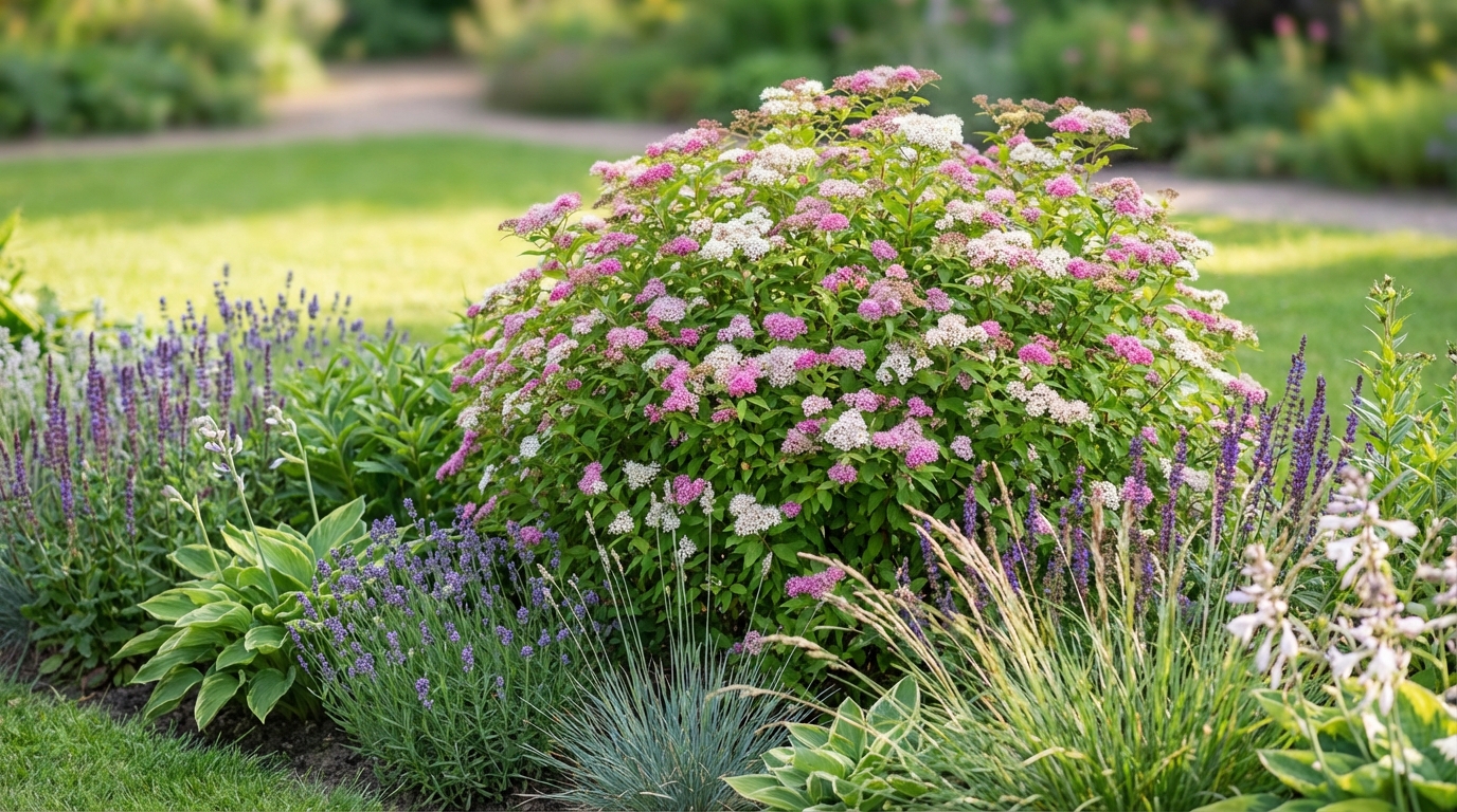 Malowniczy fragment zadbanego ogrodu w letni dzień. Na pierwszym planie, w centrum kadru, znajduje się bujny, kwitnący krzew Tawuły japońskiej 'Genpei' z widocznymi jednocześnie białymi i różowymi kwiatami. Wokół niej rosną inne byliny i trawy ozdobne, tworząc harmonijną kompozycję. Tło jest lekko rozmyte, co podkreśla główną roślinę.