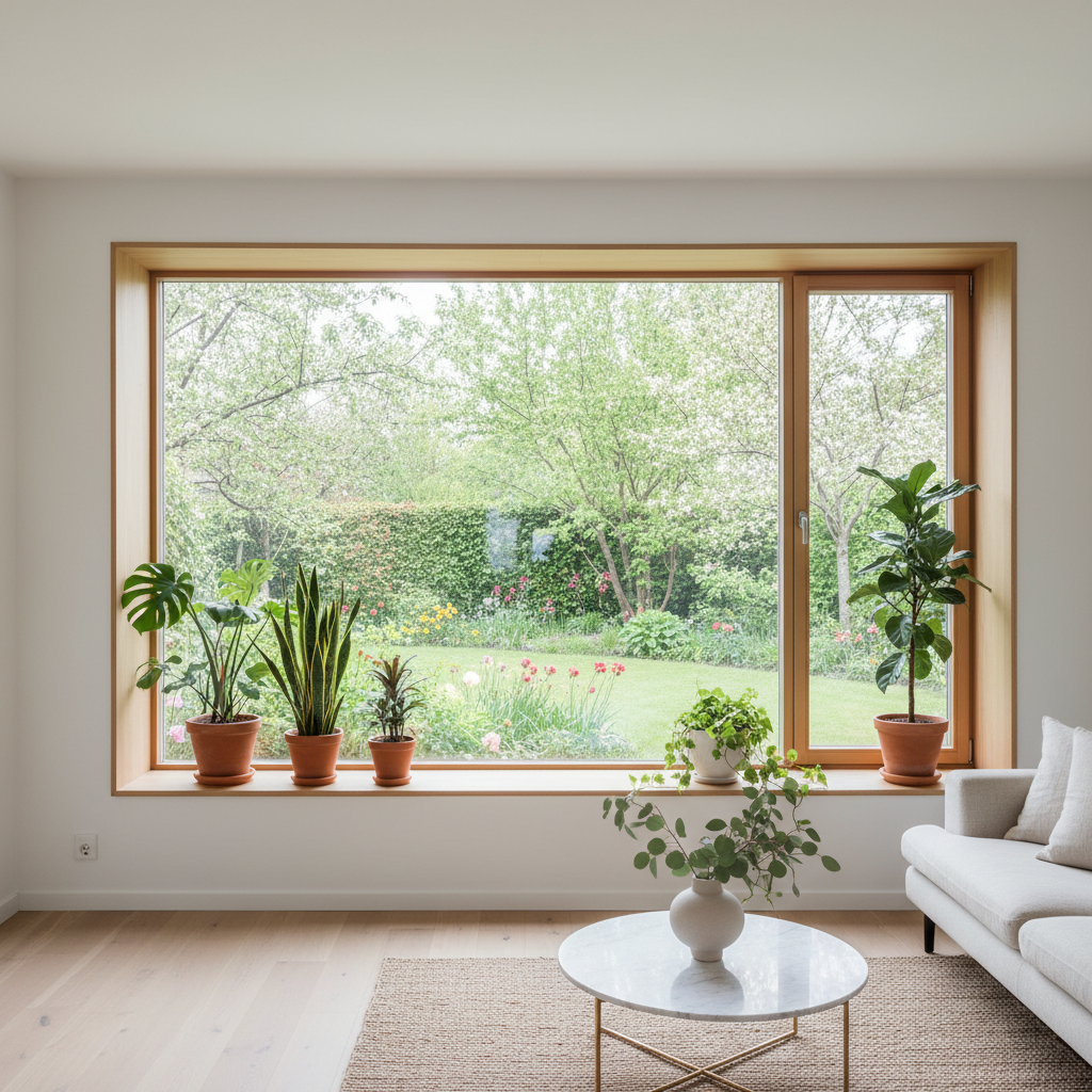 Jasne, minimalistyczne wnętrze salonu z dużym, nowoczesnym oknem pasywnym sięgającym od podłogi do sufitu. Przez okno widać zielony, wiosenny ogród. Na parapecie stoi kilka roślin doniczkowych. Całość tworzy wrażenie przestronności, ciepła i bliskości z naturą.
