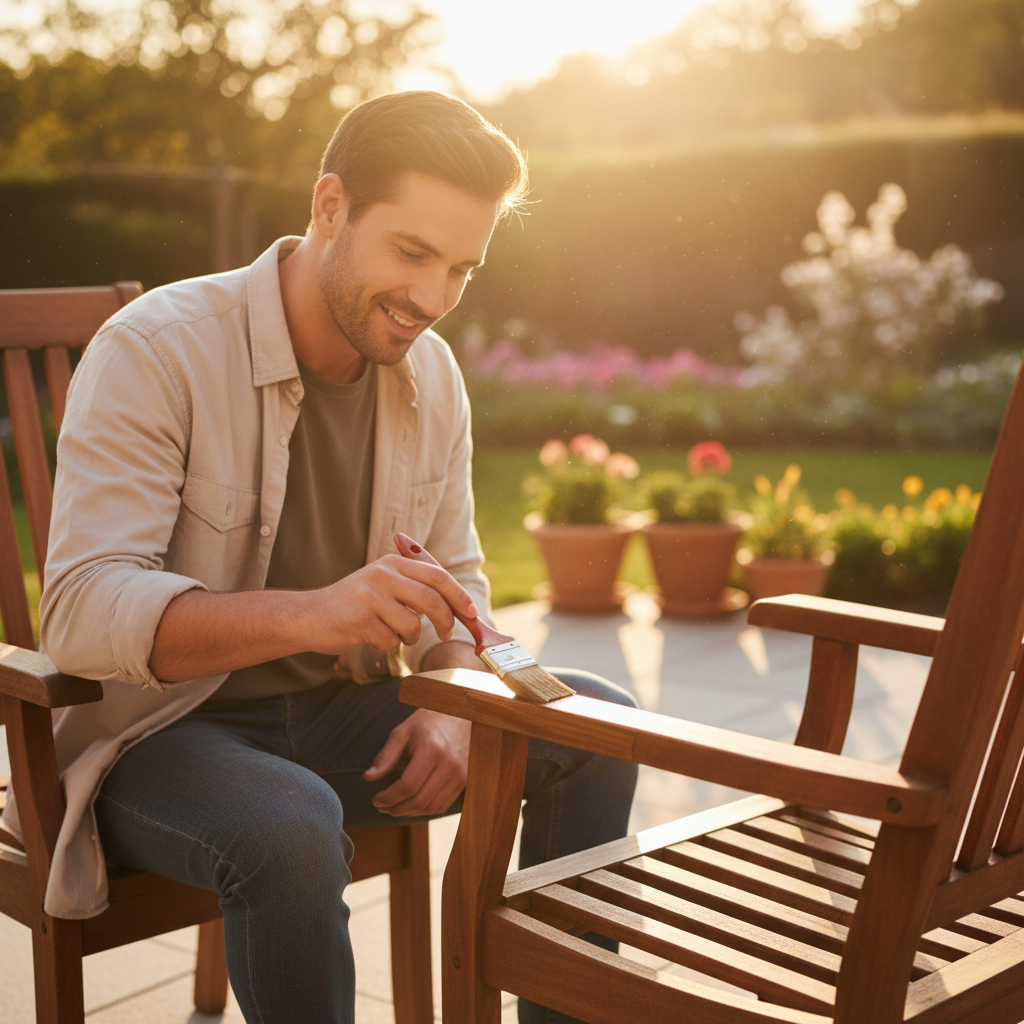 Mężczyzna w casualowym stroju, siedząc na czystym tarasie, starannie wciera olej do drewna w podłokietnik drewnianego fotela ogrodowego za pomocą pędzla. Scena jest skąpana w ciepłym, popołudniowym świetle, podkreślając satysfakcję z wykonywanej pracy.