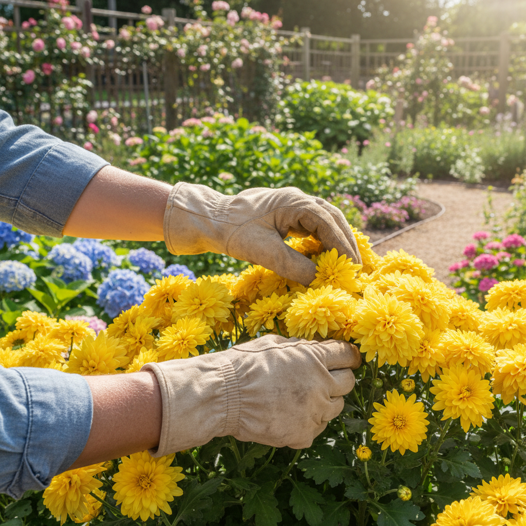 Dłonie ogrodnika w rękawiczkach delikatnie pielęgnujące kępę kwitnących, żółtych chryzantem. W tle widać słoneczny, zadbany ogród i inne rośliny. Scena emanuje spokojem i troską o rośliny.