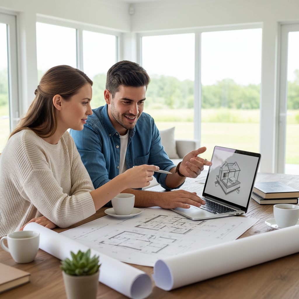 Młoda para siedząca przy stole z laptopem i planami budowlanymi, dyskutująca nad projektem swojego wymarzonego domu.