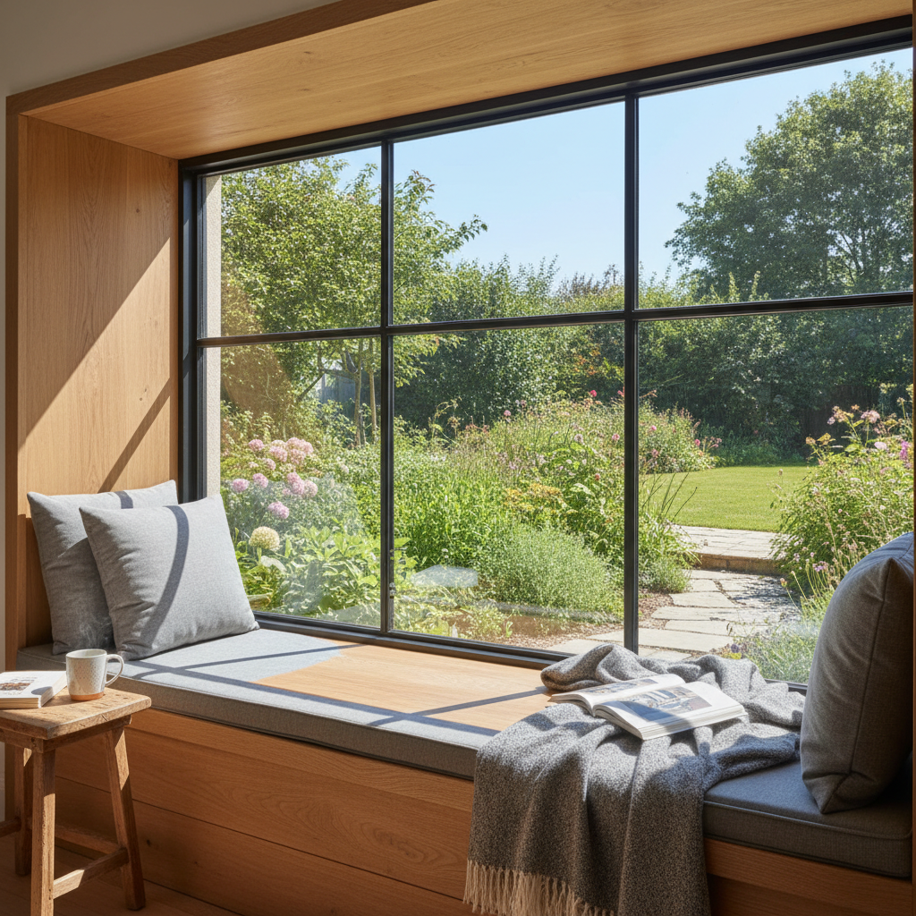 Szeroki, drewniany parapet z miękkimi, szarymi poduszkami, zamieniony w przytulne miejsce do siedzenia i czytania. Znajduje się on przy niskim, dużym oknie z czarnymi ramami, przez które widać bujny, zielony ogród w słoneczny dzień.