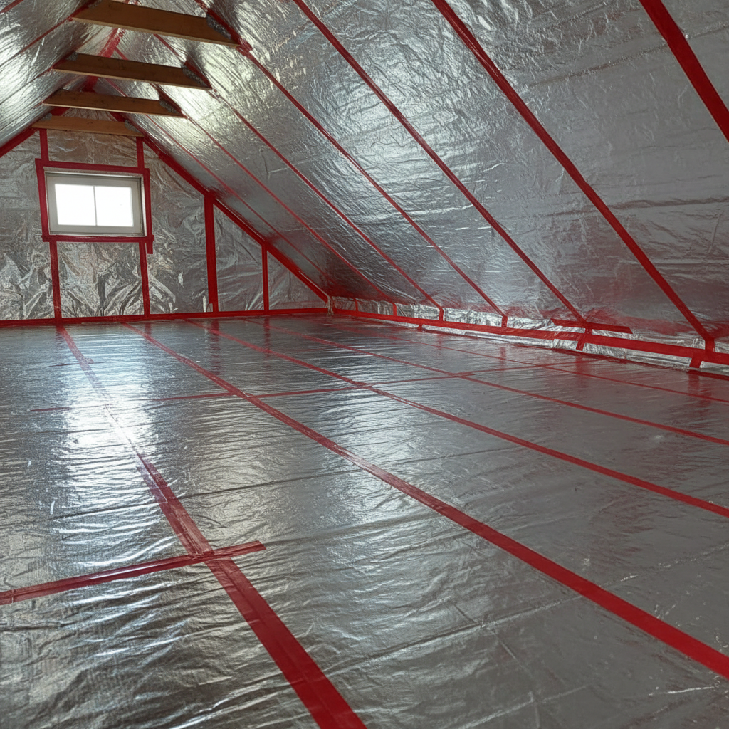 Widok od wewnątrz na konstrukcję poddasza pokrytą srebrzystą, metalizowaną folią paroizolacyjną. Czerwone taśmy klejące szczelnie łączą poszczególne pasy folii, tworząc jednolitą, lśniącą powierzchnię. Kadr pokazuje dbałość o detale i szczelność montażu.