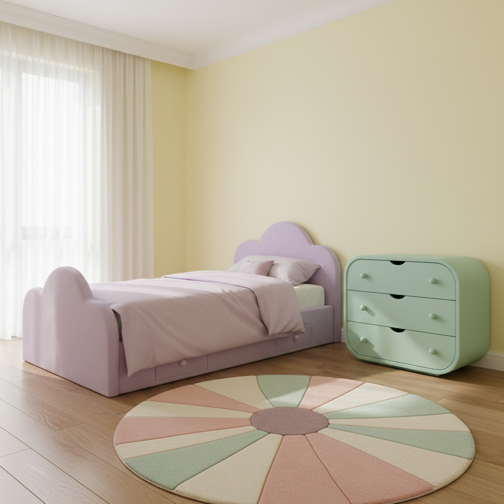 Pokój dziecięcy z pastelowo-żółtymi ścianami. W centrum stoi łóżko w kształcie chmurki w kolorze lawendowym. Obok stoi designerska komoda o zaokrąglonych kształtach w miętowym kolorze. Na podłodze leży miękki dywan z dużym, graficznym wzorem kwiatowym.