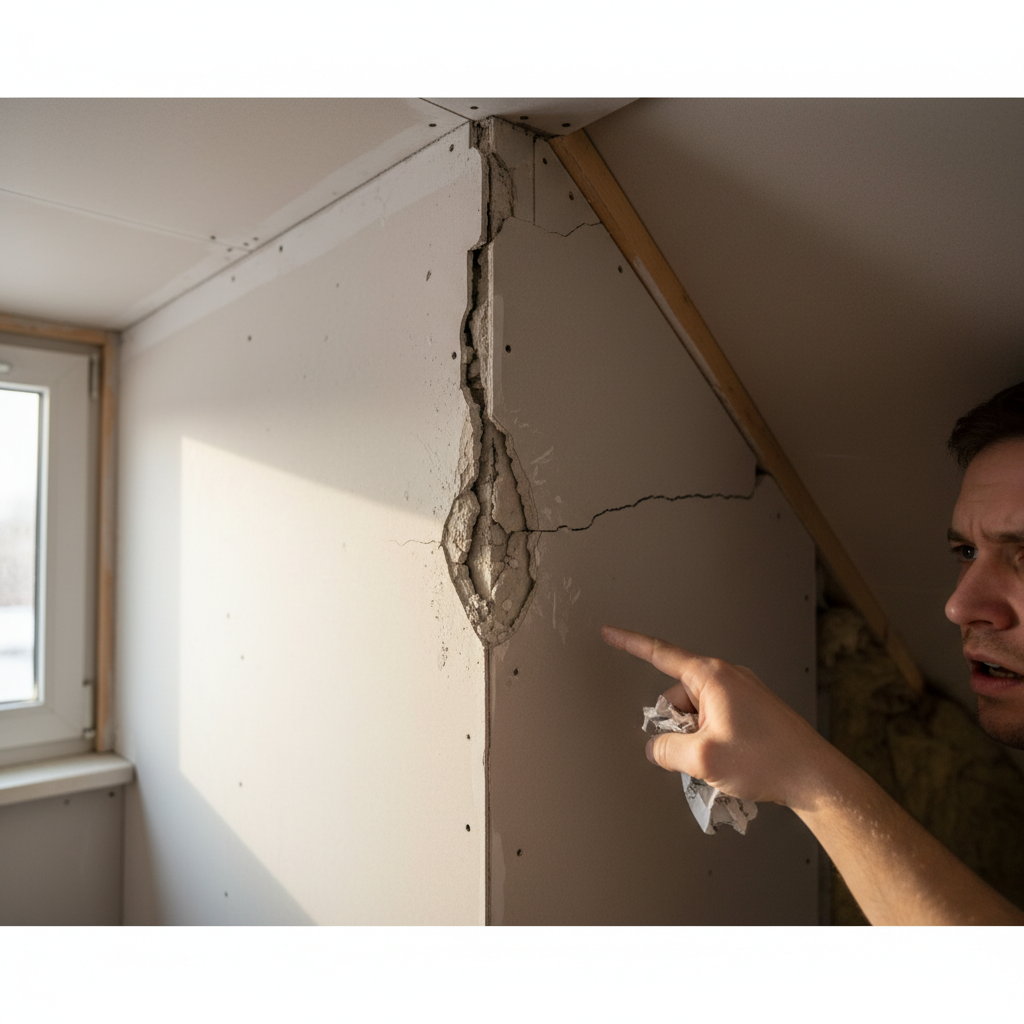 Zbliżenie na narożnik ściany na poddaszu, gdzie widoczne jest wyraźne, nieestetyczne pęknięcie biegnące wzdłuż łączenia płyt gipsowo-kartonowych. Światło pada tak, aby podkreślić niedoskonałość powierzchni i frustrację właściciela domu.