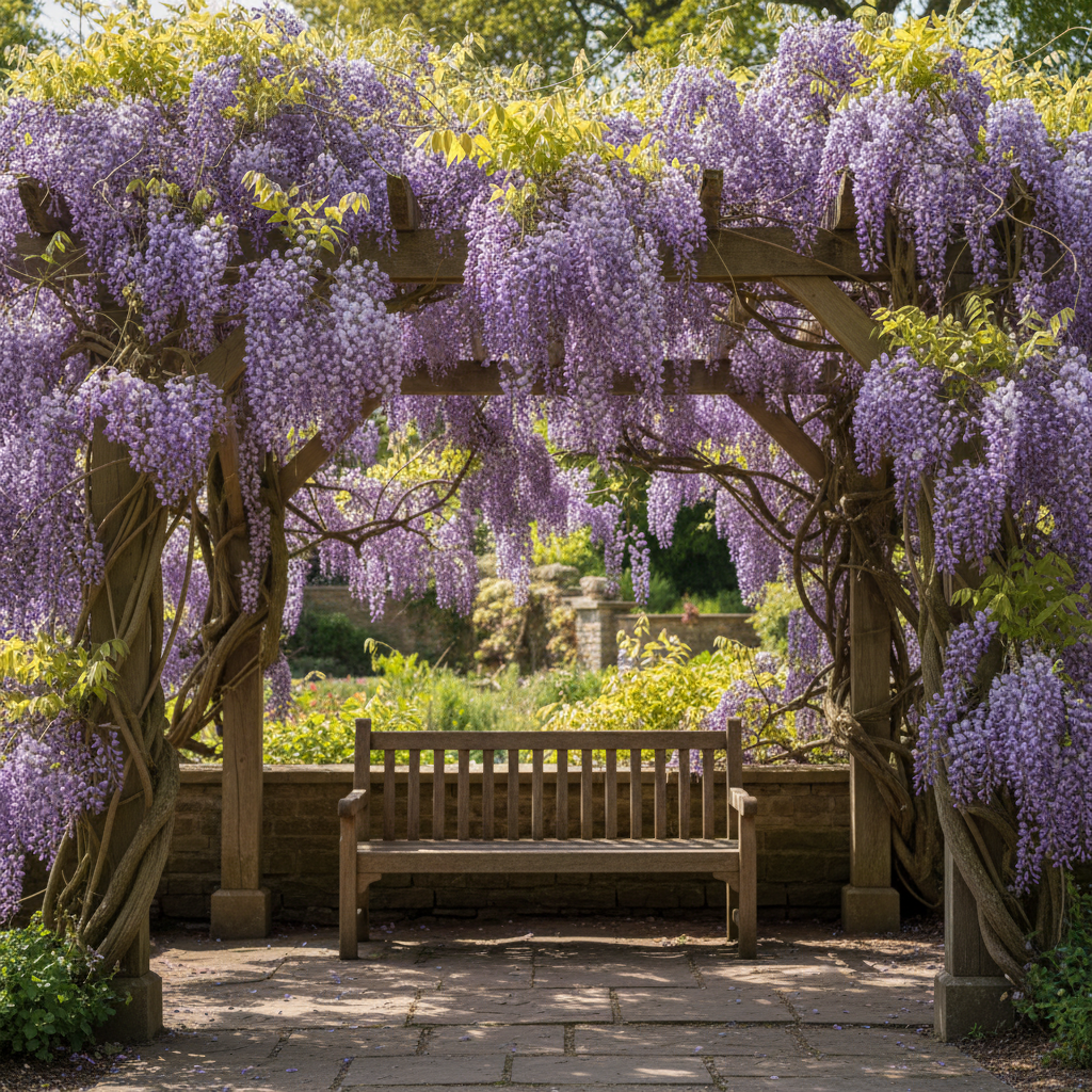 Piękna, drewniana pergola w stylu rustykalnym, cała porośnięta kaskadami fioletowych kwiatów wisterii. Pod pergolą stoi prosta, drewniana ławka, a promienie słońca delikatnie prześwitują przez liście i kwiaty, tworząc malownicze cienie na ziemi.