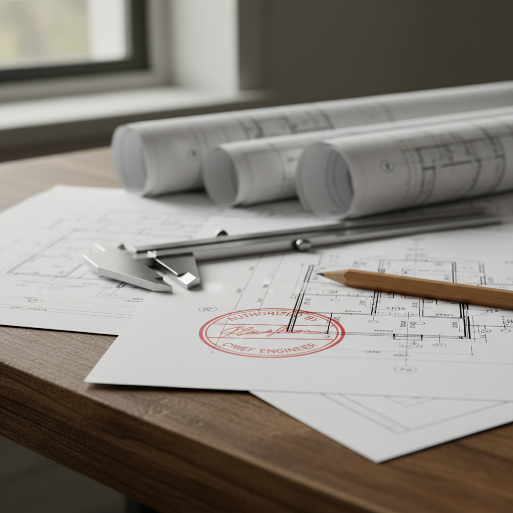Zdjęcie przedstawiające zbliżenie na stół projektowy z planami budowlanymi, suwmiarką i ołówkiem. Na planie leży pieczątka inżyniera z widocznym, lekko rozmytym podpisem, symbolizująca odpowiedzialność i autoryzację.