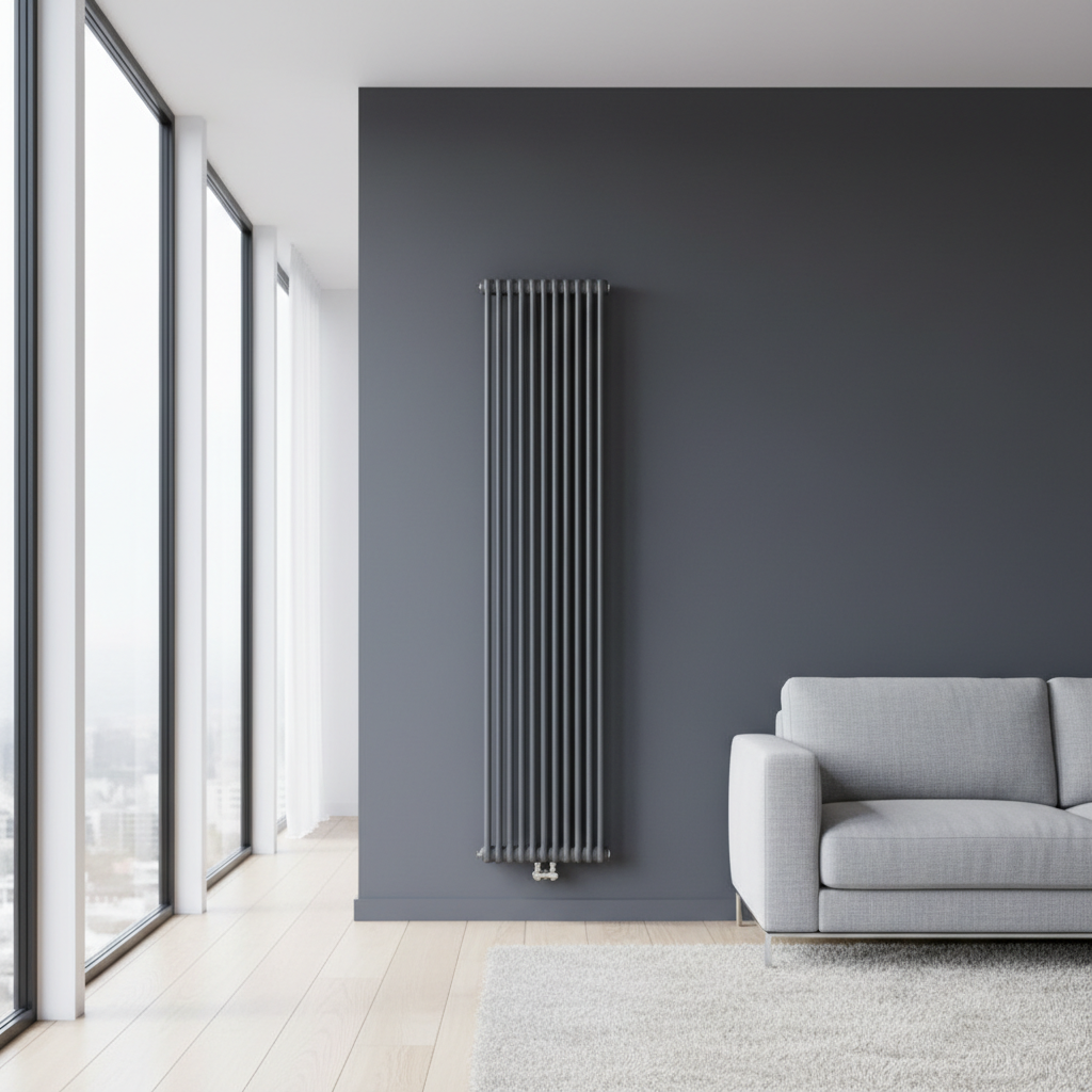 Nowoczesny, minimalistyczny salon z dużymi oknami. Na centralnej ścianie, pomalowanej na głęboki grafitowy kolor, wisi wysoki, smukły, antracytowy grzejnik pionowy o gładkiej fakturze. Obok stoi prosta, elegancka kanapa w kolorze jasnoszarym, a na podłodze leży miękki dywan. Światło dzienne subtelnie podkreśla formę grzejnika, który staje się kluczowym elementem dekoracyjnym wnętrza.