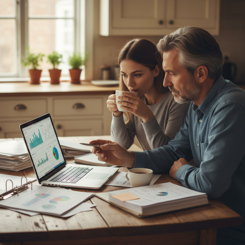 Dwie osoby, reprezentujące różne pokolenia (np. córka i ojciec), siedzą przy kuchennym stole z laptopem i dokumentami. W skupieniu analizują wykresy na ekranie, popijając kawę. Atmosfera jest poważna, ale pełna wzajemnego wsparcia i współpracy. Kadr jest ciepły i dobrze oświetlony.