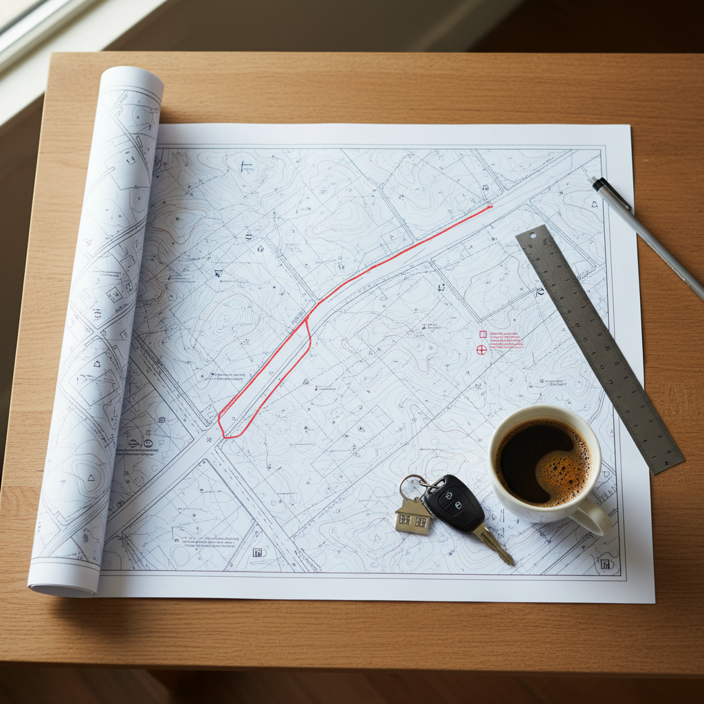 Widok z góry na stół kreślarski, na którym rozłożona jest mapa sytuacyjno-wysokościowa działki. Na mapie widać projektowany zjazd na działkę. Obok leżą ołówek, linijka, kubek z kawą i kluczyki do samochodu, symbolizujące planowanie przyszłego domu i dojazdu.