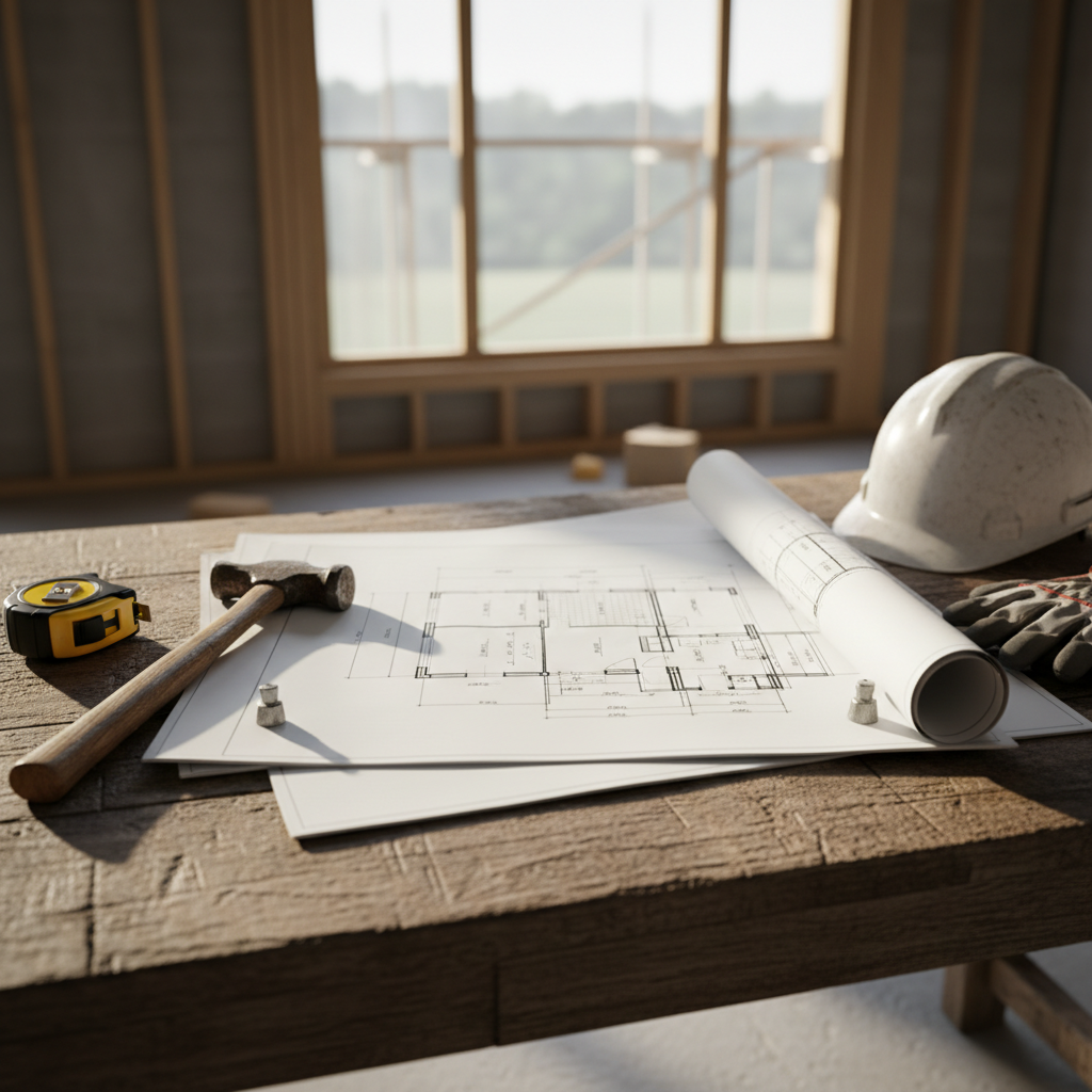 Na drewnianym stole roboczym leżą rozwinięte plany architektoniczne domu. Obok nich znajdują się podstawowe narzędzia budowlane, takie jak młotek i miarka, a także kask ochronny. Kompozycja symbolizuje przejęcie odpowiedzialności i gotowość do kontynuacji prac budowlanych.