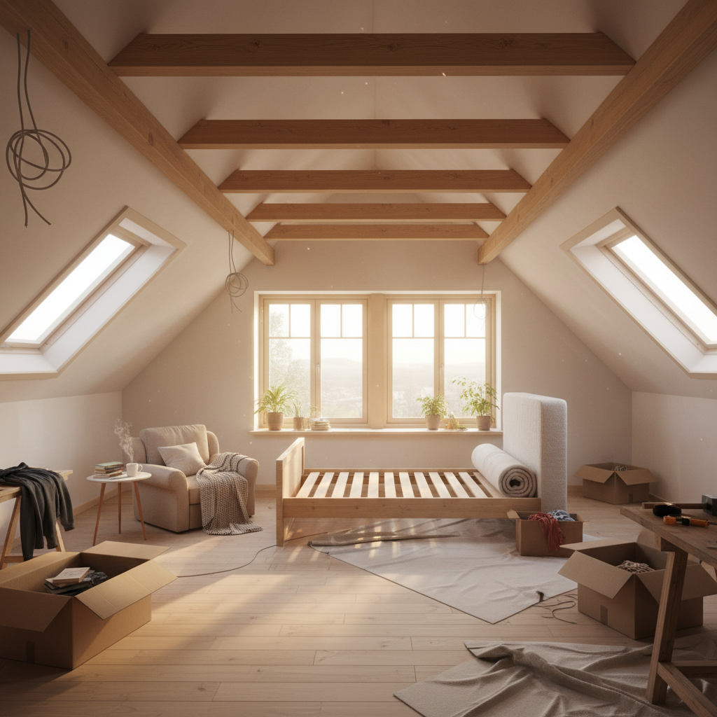 Jasne, przestronne poddasze w trakcie adaptacji na sypialnię lub strefę relaksu. Widoczne drewniane belki stropowe, duże okna dachowe wpuszczające mnóstwo naturalnego światła. Wnętrze jest częściowo umeblowane, co sugeruje proces tworzenia nowej przestrzeni. Atmosfera jest przytulna i pełna potencjału.