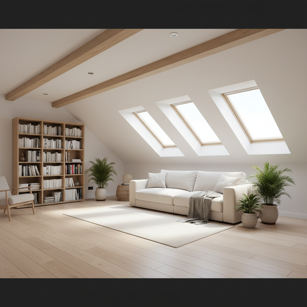 Jasne, przestronne i nowocześnie urządzone poddasze użytkowe. Duże okna dachowe wpuszczają mnóstwo naturalnego światła, które oświetla białe ściany i podłogę z jasnego drewna. W pomieszczeniu znajduje się wygodna sofa, kilka zielonych roślin doniczkowych i regał z książkami. Widoczne są drewniane belki stropowe, które dodają wnętrzu ciepła i charakteru. Całość tworzy przytulną i komfortową atmosferę, idealne miejsce do relaksu.