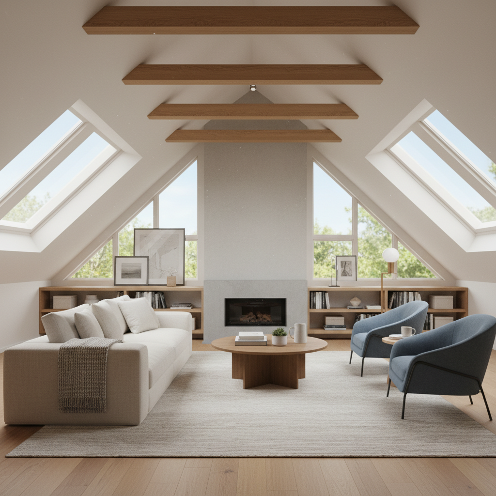 Przytulny, nowocześnie urządzony salon na poddaszu z dużymi oknami dachowymi, przez które wpada miękkie, naturalne światło. Wnętrze jest jasne, z drewnianymi belkami stropowymi i wygodną kanapą. Panuje atmosfera spokoju i komfortu, symbolizująca idealnie zaadaptowaną i ocieploną przestrzeń.