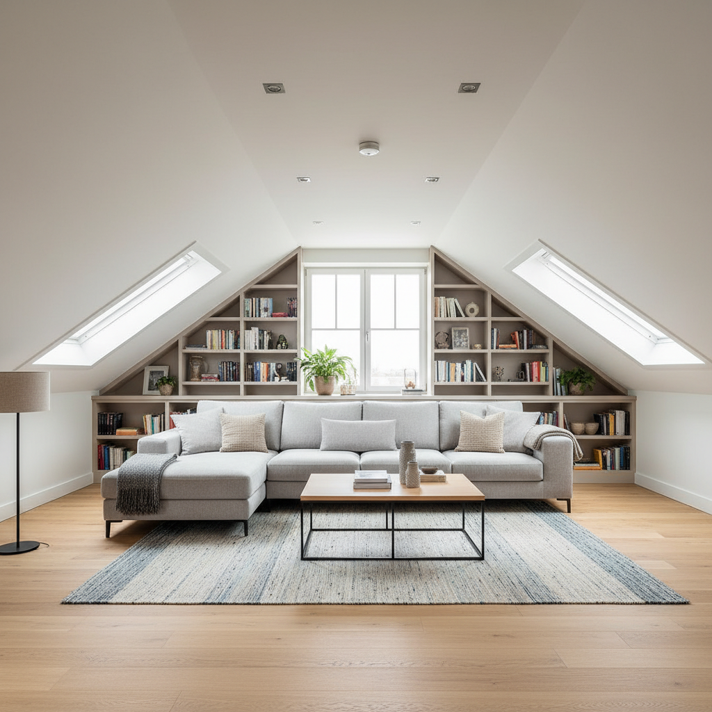 Jasne, przestronne i nowocześnie urządzone poddasze użytkowe. W centralnym punkcie znajduje się wygodna sofa, stolik kawowy, a w tle widać regały z książkami idealnie wkomponowane pod skosami dachu. Duże okna dachowe wpuszczają mnóstwo naturalnego światła, podkreślając przytulny, ale elegancki charakter wnętrza. Widoczna jest ścianka kolankowa o optymalnej wysokości, pozwalająca na swobodne ustawienie mebli.