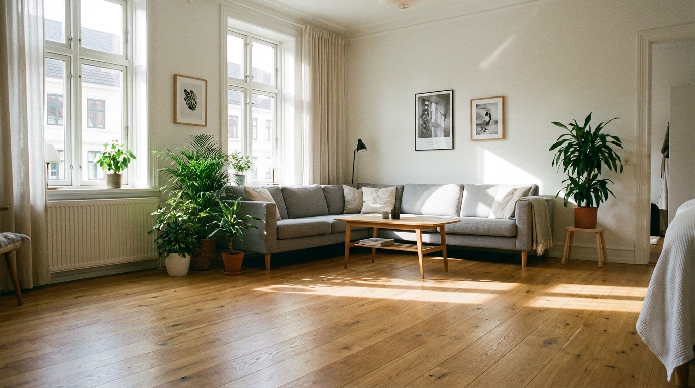 Jasny, przestronny salon w stylu skandynawskim z dużymi oknami. Na podłodze widać piękne, szerokie deski warstwowe w odcieniu naturalnego dębu. Wnętrze jest minimalistyczne, z szarą sofą, kilkoma zielonymi roślinami i prostym stolikiem kawowym. Światło słoneczne podkreśla fakturę drewna, tworząc ciepłą i przytulną atmosferę.