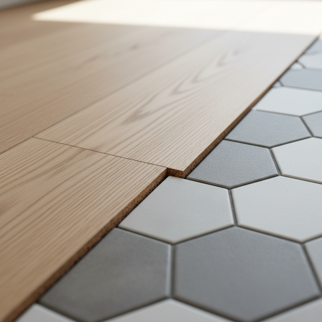 Zbliżenie w wysokiej rozdzielczości na precyzyjne połączenie podłogi z jasnego drewna z sześciokątnymi płytkami w odcieniach szarości i bieli. Linia łączenia jest idealnie docięta, a między materiałami widoczna jest cienka, ciemna fuga dylatacyjna z korka. Ujęcie jest wykonane z góry, podkreślając kunszt wykonania.
