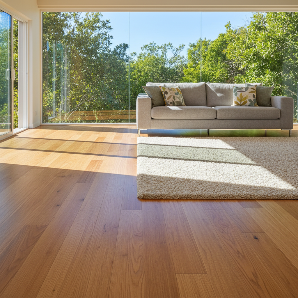 Ciepły, słoneczny salon z dużą, piękną podłogą z desek dębowych. Na podłodze leży miękki dywan, a obok stoi nowoczesna, wygodna sofa. W tle widać duże okno z widokiem na zieleń. Kadr jest szeroki, a oświetlenie naturalne i przytulne, podkreślające fakturę i kolor drewna.
