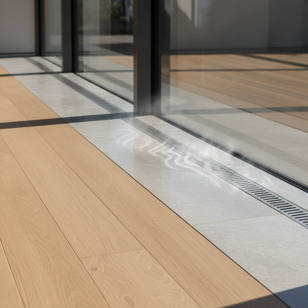 Zbliżenie na fragment podłogi w nowoczesnym salonie, gdzie eleganckie, szerokie deski drewniane stykają się z ozdobnym, metrowym pasem z polerowanego kamienia lub wielkoformatowych płytek gresowych. Pas ten biegnie wzdłuż dużej, przeszklonej ściany, a padające na niego światło słoneczne podkreśla różnicę faktur i dyskretnie sugeruje ukrytą pod spodem technologię grzewczą.