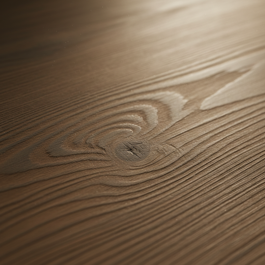 Zdjęcie w trybie makro, ukazujące z bliska fragment szczotkowanej deski dębowej. Światło pada pod kątem, dramatycznie podkreślając trójwymiarową teksturę i głębokie rowki w usłojeniu drewna. Widoczne są naturalne sęki i niuanse kolorystyczne, co nadaje obrazowi organicznego, rzemieślniczego charakteru.