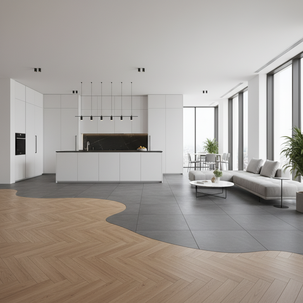 Szerokie ujęcie nowoczesnego, jasnego salonu z otwartą kuchnią. Na pierwszym planie widoczna jest piękna, dębowa podłoga z parkietu, która w strefie kuchennej płynnie przechodzi w duże, matowe, grafitowe płyty gresowe. Granica między materiałami jest nieregularna, falująca, co tworzy efekt artystyczny. Wnętrze jest minimalistyczne, z dużą ilością naturalnego światła.