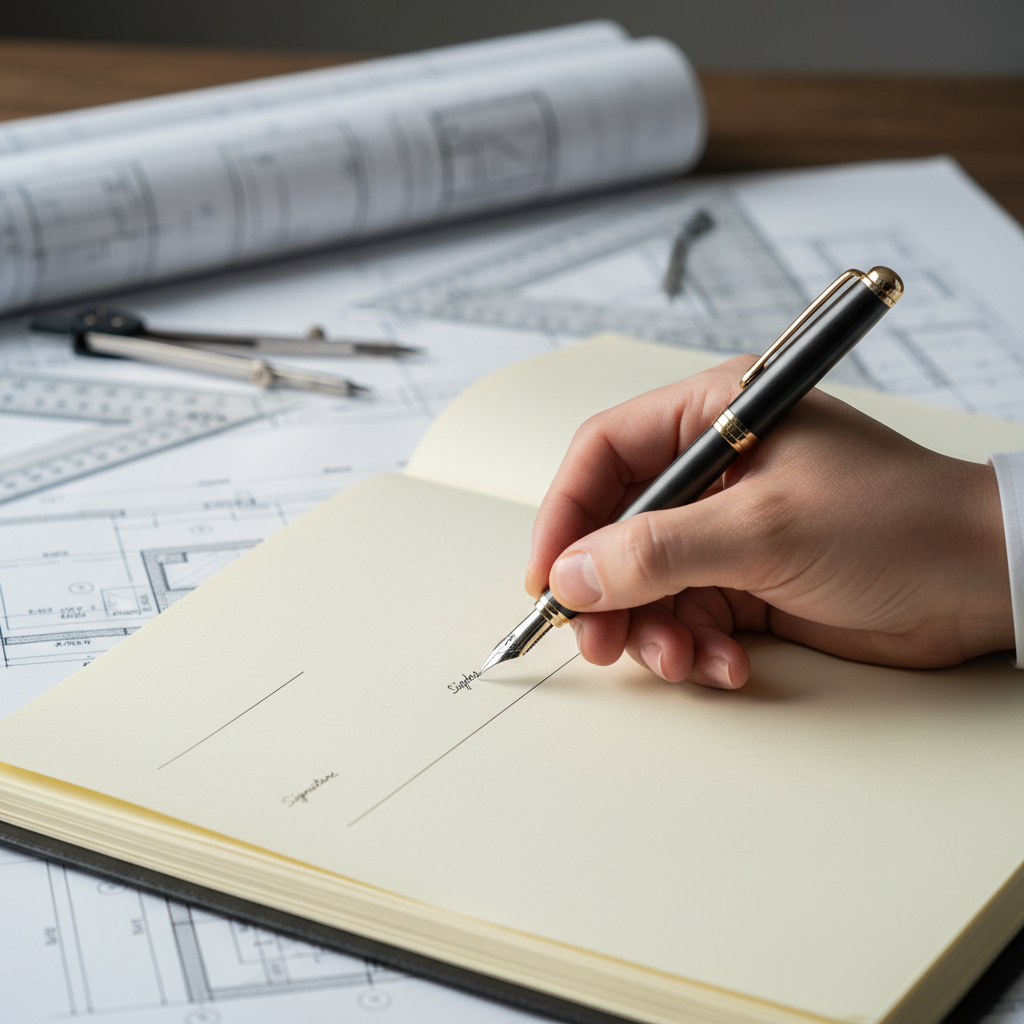 Zdjęcie przedstawiające dłoń z eleganckim piórem, podpisującą oficjalny dokument projektowy lub dziennik budowy. W tle widać fragmenty rysunków technicznych i linijki, co podkreśla formalny i odpowiedzialny charakter pracy.