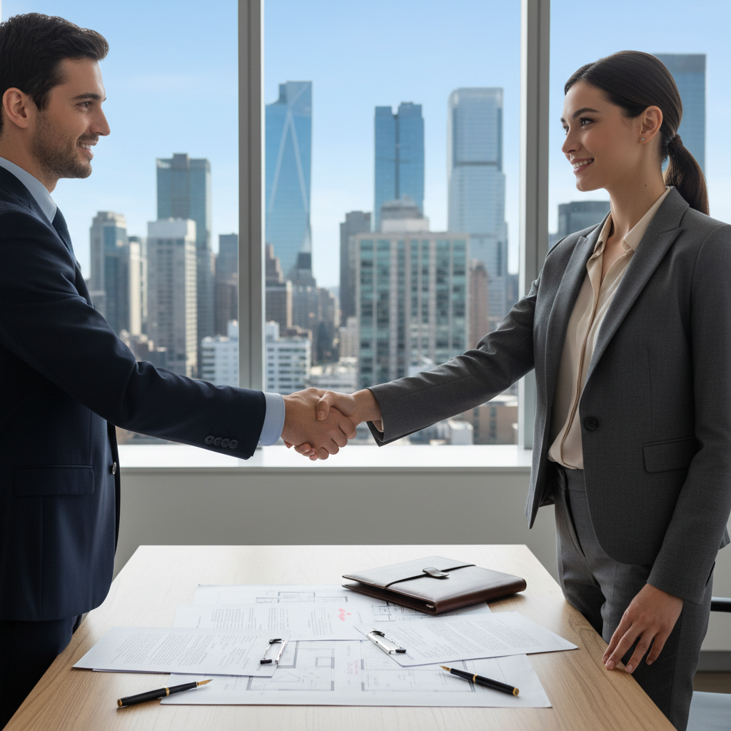 Realistyczne zdjęcie przedstawiające dwie profesjonalnie ubrane osoby (np. deweloper i klient) w nowoczesnym biurze, finalizujące umowę poprzez uścisk dłoni nad stołem, na którym leżą dokumenty i plany architektoniczne. W tle widać minimalistyczne wnętrze z dużym oknem i widokiem na miasto. Oświetlenie jest jasne i naturalne, a atmosfera pełna zaufania i profesjonalizmu.