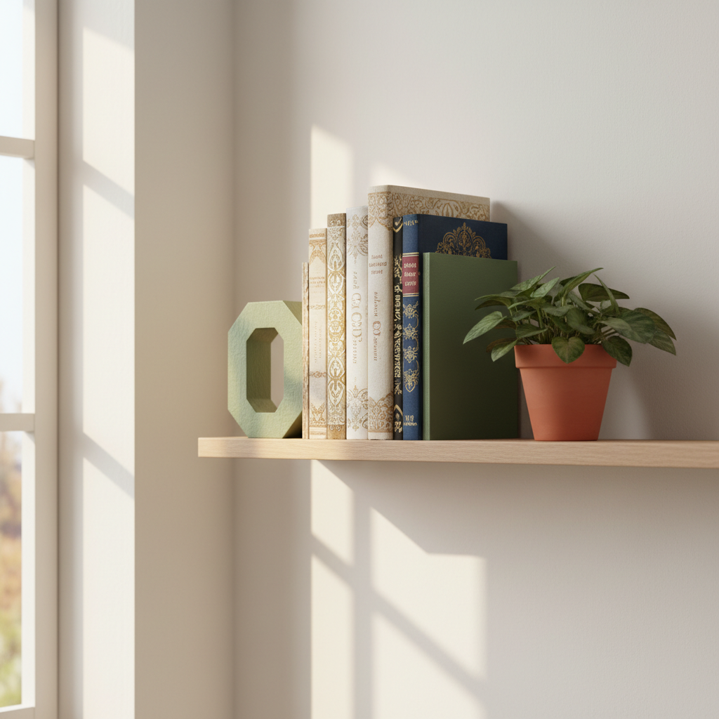 Stylowa, minimalistyczna półka z książkami w salonie. Własnoręcznie wykonana, pomalowana na szałwiowy kolor podpórka do książek z płyty MFP elegancko podtrzymuje rząd książek w ozdobnych okładkach. Obok stoi mała roślina doniczkowa. Ciepłe, rozproszone światło tworzy przytulną atmosferę.