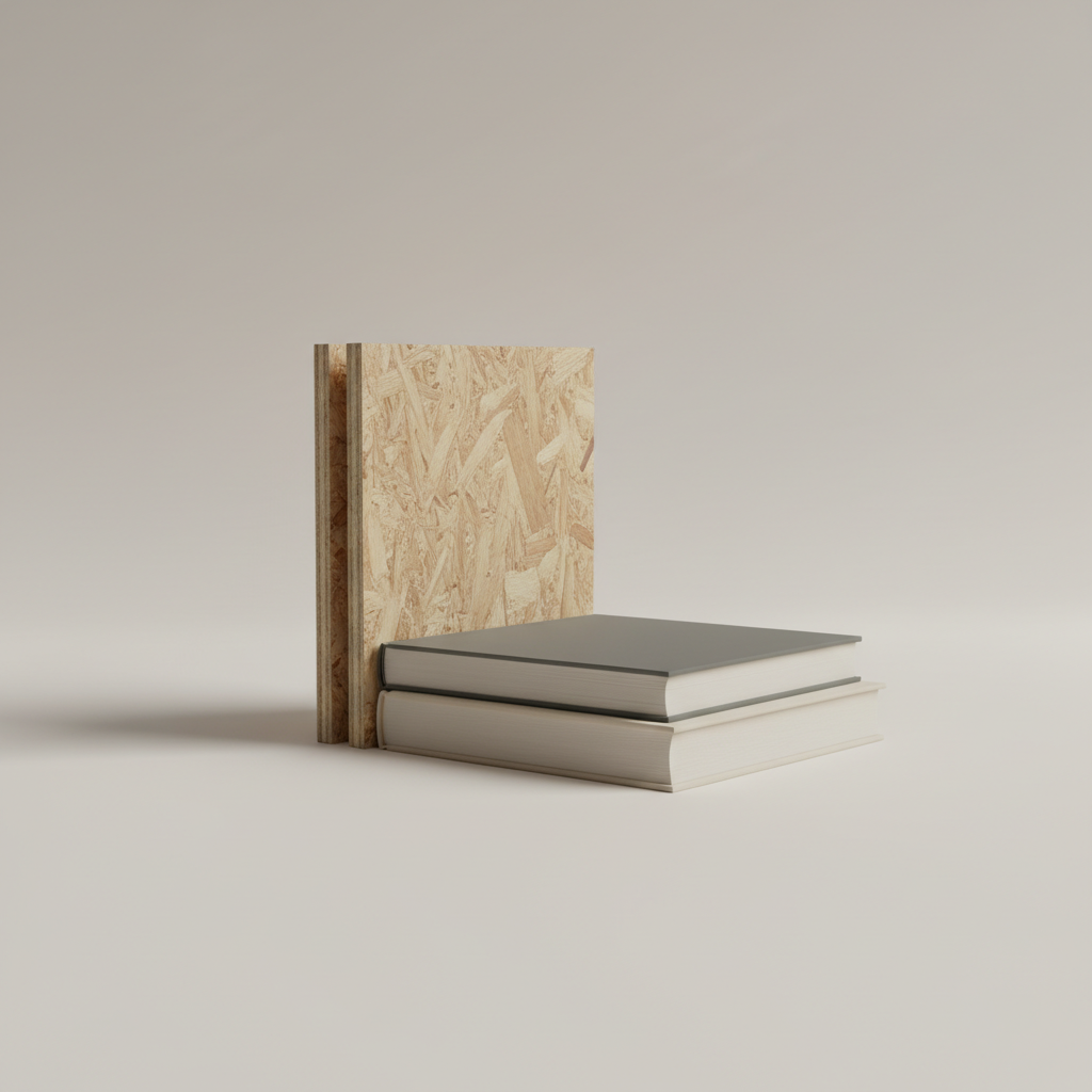 Złożona, surowa podpórka do książek z płyty MFP stoi na jasnym, neutralnym tle. Obok niej leżą dwie grube książki w twardej, minimalistycznej oprawie, pokazując jej funkcjonalność i proporcje. Delikatne światło boczne subtelnie podkreśla trójwymiarową strukturę i teksturę surowej płyty.