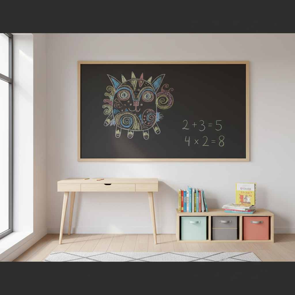 Jasny, nowoczesny pokój dziecka w stylu skandynawskim. Nad drewnianym biurkiem wisi duża, czarna tablica kredowa w cienkiej, naturalnej ramie. Na tablicy narysowany jest kolorową kredą fantazyjny stwór oraz zapisane są proste równania matematyczne. Obok biurka stoi mały regał z książkami i kolorowymi pojemnikami.