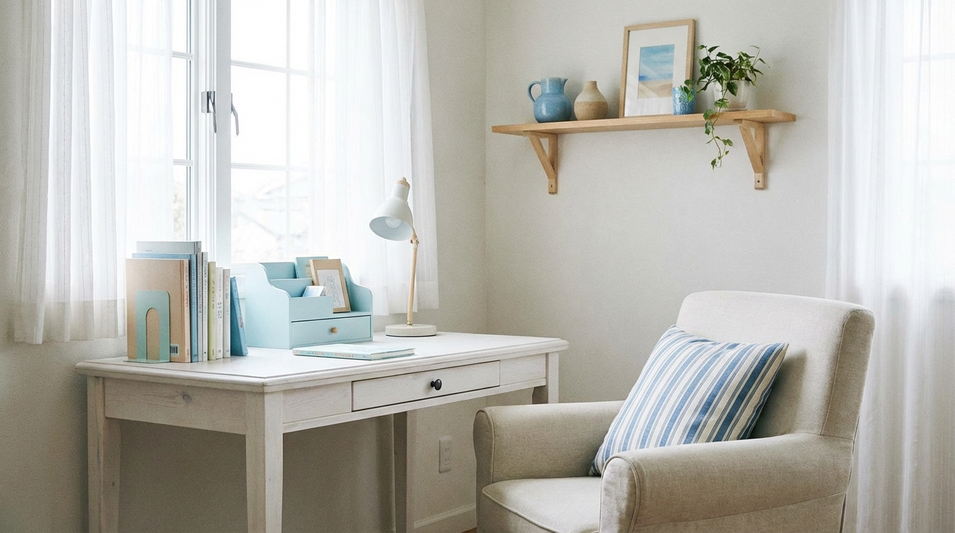 Kącik do nauki w pokoju dziewczynki. Białe biurko stoi pod oknem z delikatnymi, białymi zasłonami. Na biurku leżą książki i pastelowo-błękitny organizer. Obok stoi wygodny fotel z poduszką w biało-błękitne pasy. Na ścianie wisi prosta półka z kilkoma dekoracjami w odcieniach błękitu i piasku. Wnętrze jest jasne i spokojne.