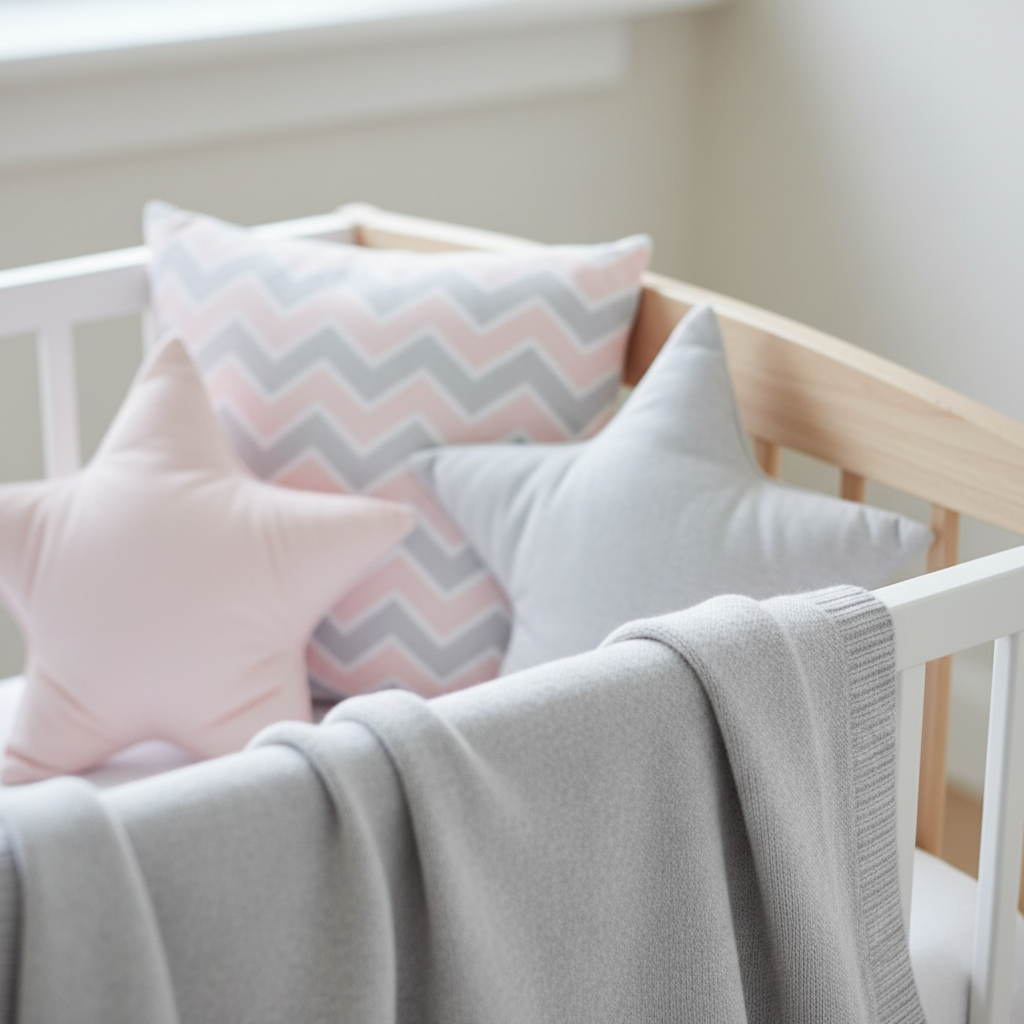 Zbliżenie na róg łóżeczka dziecięcego, na którym leżą dwie poduszki w kształcie gwiazdek i jedna z wzorem chevron w pastelowych kolorach różu i szarości. Obok nich niedbale rzucony miękki, dzianinowy kocyk. Tło jest delikatnie rozmyte, ale widać fragment białego szczebelka.