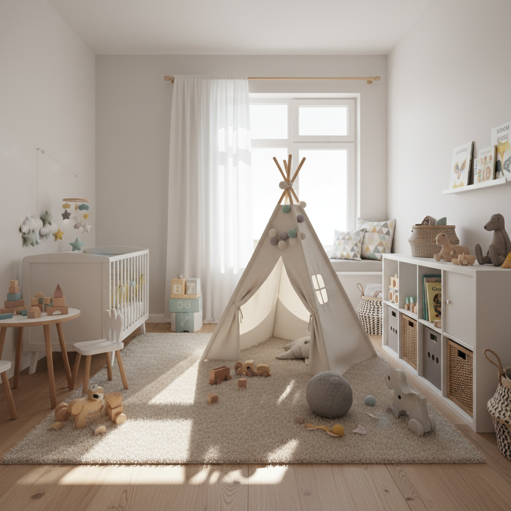 Jasny, mały pokój dziecka z meblami ustawionymi wzdłuż ścian, pozostawiający wolną, słoneczną przestrzeń na środku dywanu do zabawy. Wnętrze w stylu skandynawskim, z drewnianymi akcentami i pastelowymi dodatkami.