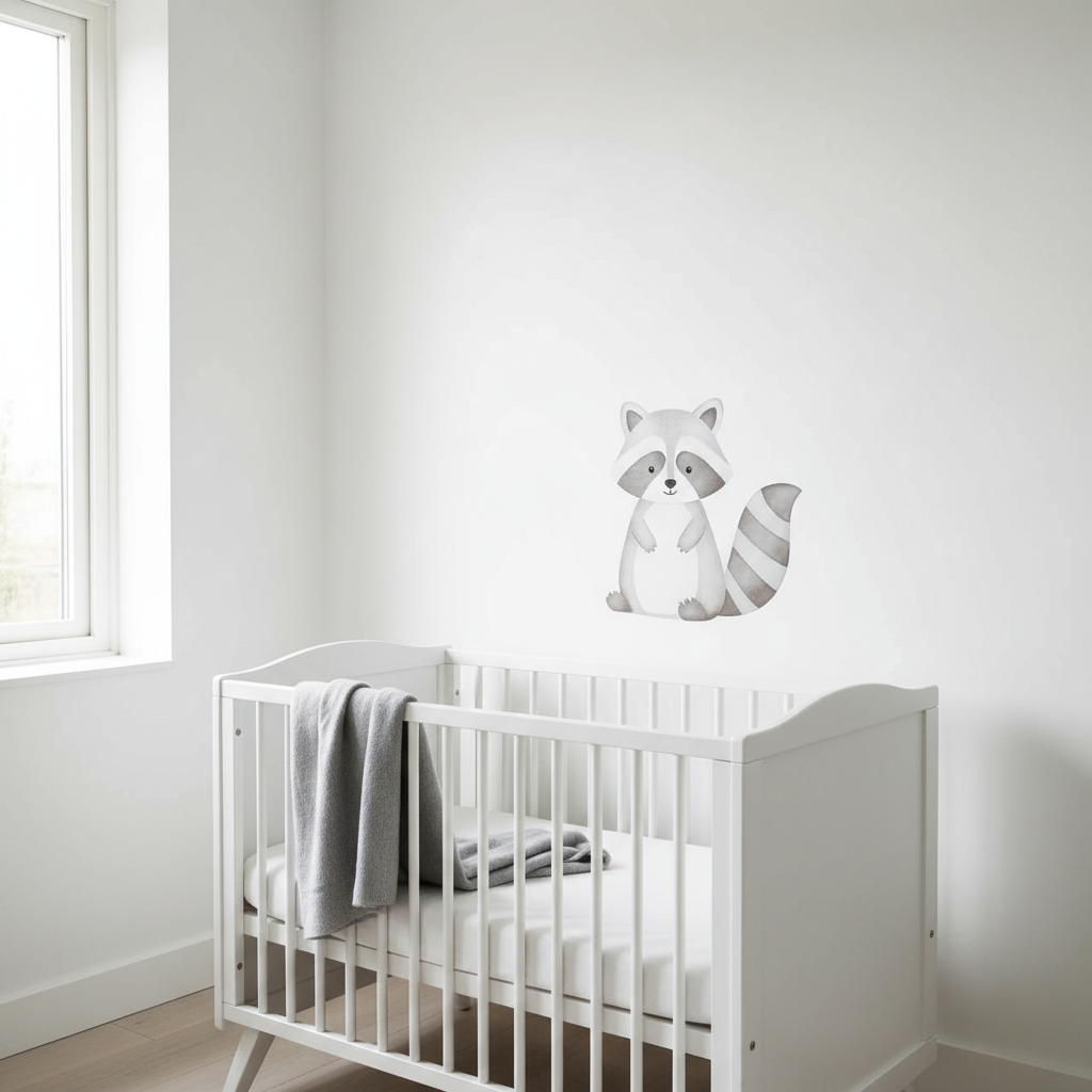 Szerokie ujęcie białego, drewnianego łóżeczka niemowlęcego w stylu skandynawskim. Za łóżeczkiem, na białej ścianie, widoczna jest delikatna naklejka ścienna z szopem. Na materacu leży szary kocyk. Całość oświetlona jest miękkim, naturalnym światłem wpadającym przez okno.