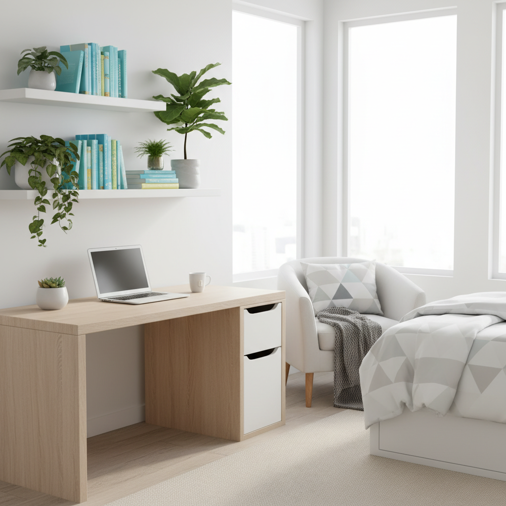 Jasny, nowocześnie urządzony pokój młodzieżowy z meblami w kolorze białym i jasnego drewna. Na biurku stoi laptop, a na regale ułożone są kolorowe książki i kilka roślin doniczkowych. Całość jest schludna i dobrze oświetlona naturalnym światłem wpadającym przez duże okno.
