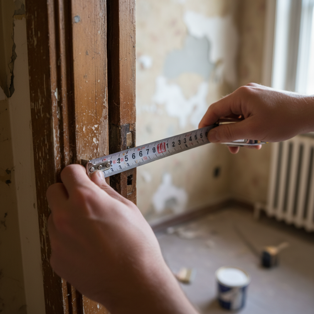 Zdjęcie z perspektywy osoby mierzącej, pokazujące dłonie trzymające metalową miarkę zwijaną i dokładnie mierzące wewnętrzną szerokość starej, drewnianej futryny. Kadr jest ciasny, skupiony na akcji pomiaru. W tle widać fragment ściany w trakcie remontu, co dodaje autentyczności.