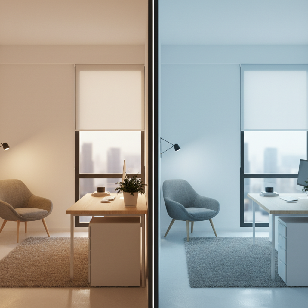 Dwa identyczne, minimalistyczne wnętrza biurowe obok siebie. To po lewej jest oświetlone ciepłym, żółtawym światłem (około 3000K), tworząc relaksującą, domową atmosferę. To po prawej jest oświetlone chłodnym, białym światłem (około 5000K), które sprawia, że przestrzeń wydaje się bardziej sterylna, nowoczesna i sprzyjająca skupieniu. Różnica w nastroju obu pomieszczeń jest wyraźnie widoczna.