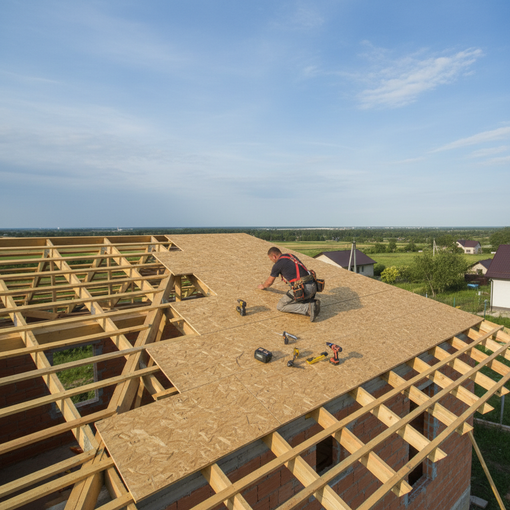 Widok z góry na konstrukcję dachu domu jednorodzinnego, która jest właśnie pokrywana płytami OSB. Cieśla montuje ostatnie płyty, przygotowując powierzchnię pod dalsze warstwy. W tle widać błękitne niebo z lekkimi chmurami.