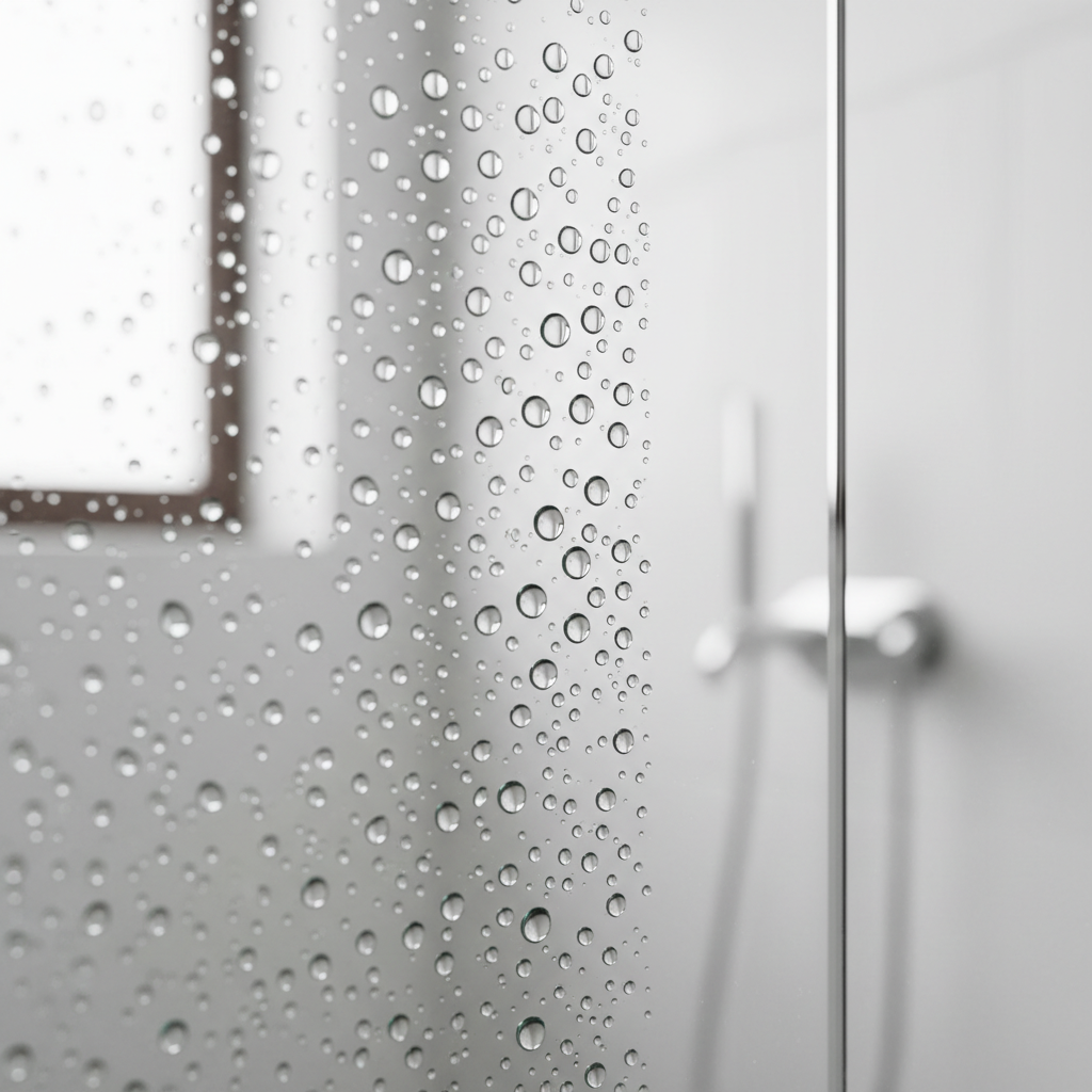 Makro fotografia przedstawiająca krople wody na szklanej powierzchni kabiny prysznicowej Radaway z powłoką Easy Clean. Krople są idealnie okrągłe, skupione, przypominające perły, co demonstruje efekt hydrofobowy. Tło jest lekko rozmyte, a przez szkło widać fragment nowoczesnej, jasnej łazienki. Oświetlenie jest miękkie i naturalne, podkreślając czystość i przejrzystość szkła.