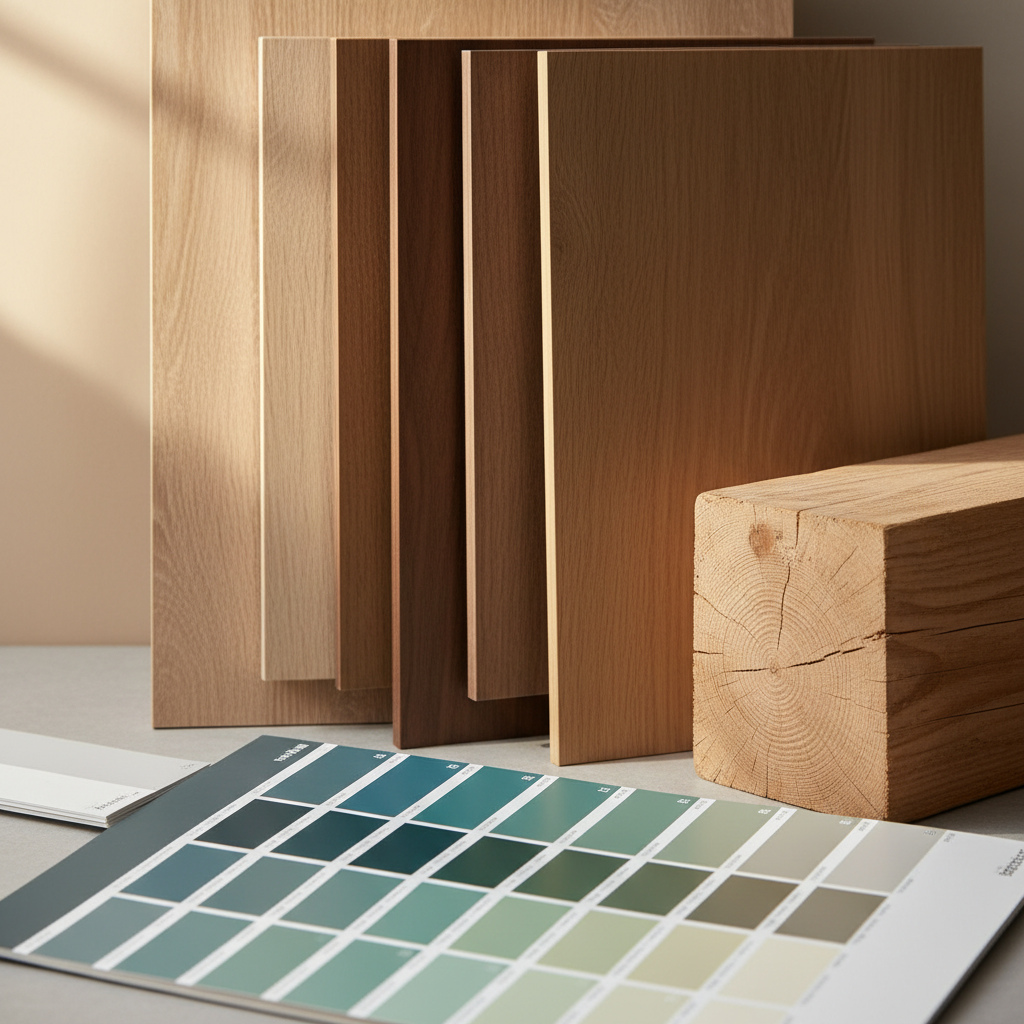 Zbliżenie na estetycznie ułożone próbki materiałów do budowy szafy: różne odcienie płyt meblowych, kawałek surowego drewna, paleta kolorów farb. Ciepłe, naturalne oświetlenie, podkreślające teksturę materiałów.