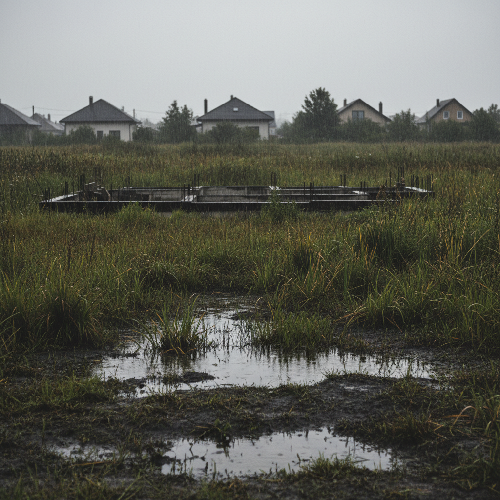 Działka budowlana w deszczowy dzień, z widocznymi kałużami stojącej wody. Ziemia jest ciemna i błotnista, porośnięta bujną, dziką roślinnością, taką jak trzciny i wysokie trawy, co sugeruje podmokły teren. W tle widać zarysy innych domów, co kontrastuje z niezagospodarowanym, trudnym charakterem działki.