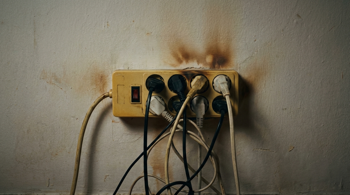 Fotorealistyczne ujęcie pokazujące przeładowane gniazdko elektryczne na ścianie. Wpięty jest do niego stary, pożółkły rozgałęźnik, z którego wystaje plątanina wtyczek i kabli. Wokół gniazdka widoczne są delikatne, brązowe ślady przegrzania, subtelnie sugerujące niebezpieczeństwo. Oświetlenie jest lekko przyciemnione, aby budować napięcie.