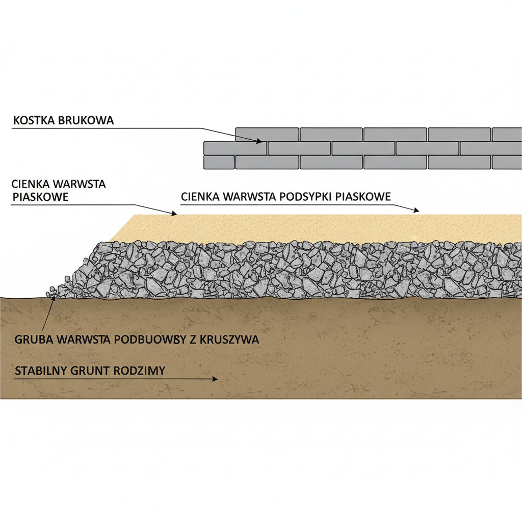 Przekrojowy schemat techniczny podjazdu, ukazujący kolejne warstwy: stabilny grunt rodzimy, grubą warstwę podbudowy z kruszywa, cienką warstwę podsypki piaskowej i na wierzchu kostkę brukową. Rysunek jest czytelny i estetyczny, z wyraźnymi etykietami dla każdej warstwy.