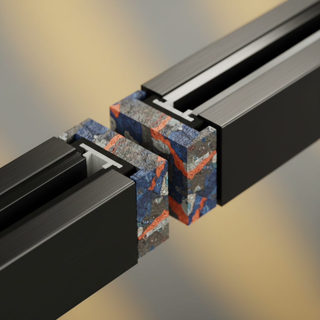 Artystyczne, makro ujęcie przekroju nowoczesnego, ciepłego profilu aluminiowego. Widoczne są dwie metaliczne, czarne sekcje aluminiowe precyzyjnie rozdzielone kolorową, teksturowaną wkładką termiczną. Oświetlenie jest subtelne, studyjne, podkreślające zaawansowaną technologię i jakość materiałów.