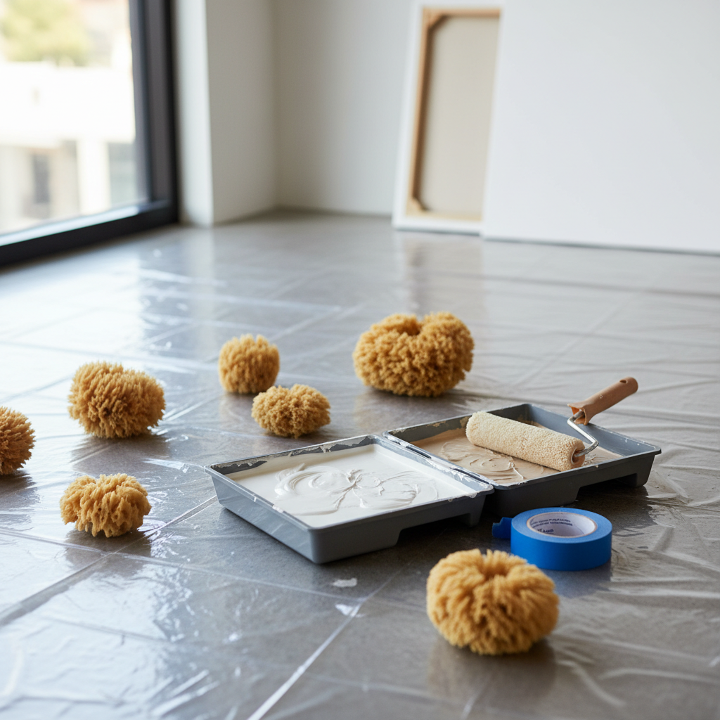 Estetycznie zaaranżowane stanowisko pracy do malowania. Na podłodze zabezpieczonej folią malarską leżą naturalne gąbki morskie o różnych rozmiarach, kuwety malarskie z dwoma odcieniami farby (np. beżowym i białym), wałek i taśma malarska. Kompozycja jest czysta, jasna i inspirująca, sugeruje kreatywny proces.